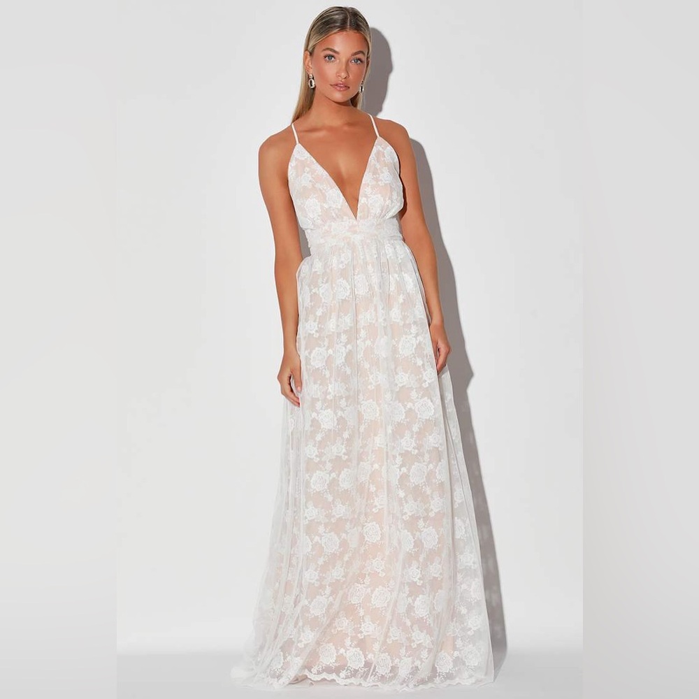 Lulus Ivywood White and Beige Embroidered Lace Backless Maxi Dress